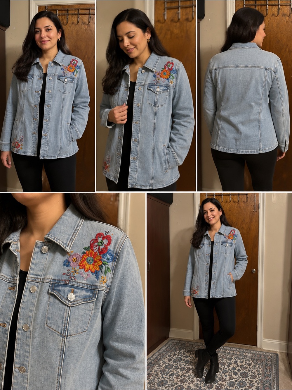 Chico's Light Blue Jean Jacket with Floral Embroidery